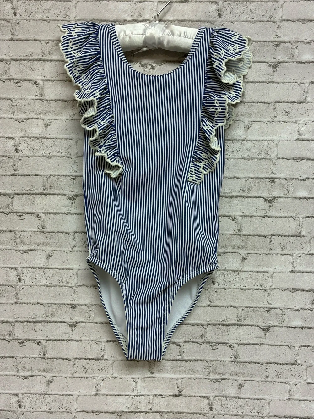 GYMBOREE Girls Size 6 Kids Striped Swimsuit Ruffles Navy Blue White Eyelet